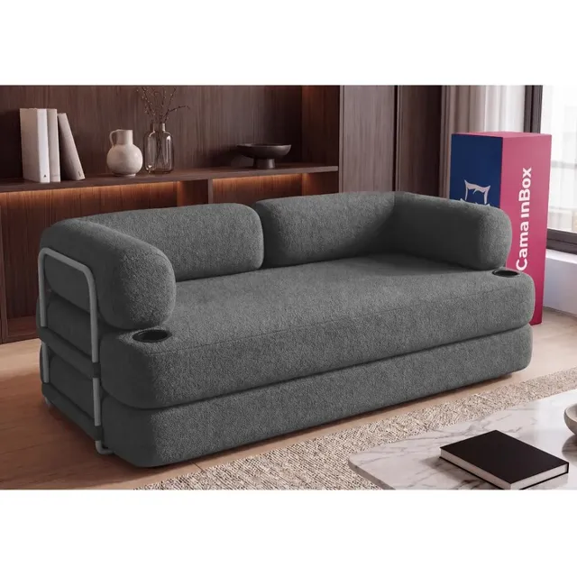 Sofá Cama Orbe. 1,90m Xpand Tech Tecido Boucle Cama Inbox Cinza-escuro Liso